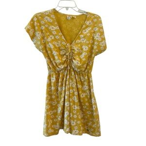 Roxy Women's Yellow Floral Simple Thoughts Short Sleeve Dress Size Medium